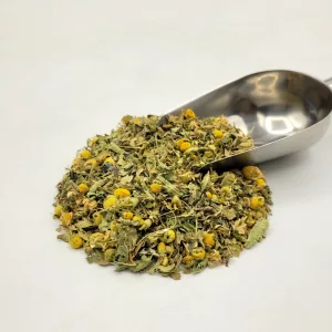 Tisane bio herboristerie composition Docteur Sammut pour digestion bébé avec pelle à thé.