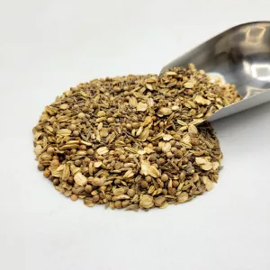 Tisane bio herboristerie Docteur Sammut pour digestion et ballonnements avec mélange de plantes médicinales et cuillère à thé.
