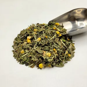 Tisane bio La Digest de l’Herboristerie Sammut avec mélange de plantes médicinales et pelle à thé pour faciliter la digestion.