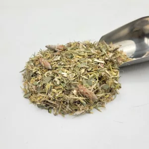 Mélange de plantes médicinales Pulmo Fluide du Docteur Sammut avec une pelle à thé, pour le nettoyage des bronches.