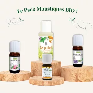 Pack Moustiques BIO, contenant trois huiles essentielles (lavande, citronnelle de javat et géranium rosat) et un gel protect - Herboristerie du Docteur Sammut