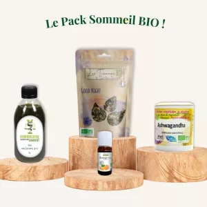 Pack Sommeil BIO, contenant une tisane, des gélules d'Ashwagandha, des gouttes de Valériane et une huile essentielle d'orange douce - Herboristerie du Docteur Sammut