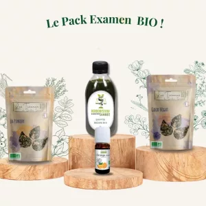 Pack Examen BIO contenant deux tisanes, des gouttes de Bacopa et une huile essentielle d'orange amère - Herboristerie du Docteur Sammut