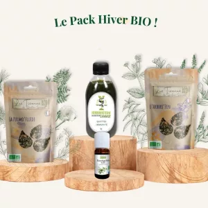 Pack Hiver BIO contenant deux tisanes, des gouttes Immunités et une huile essentielle d'eucalyptus - Herboristerie du Docteur Sammut