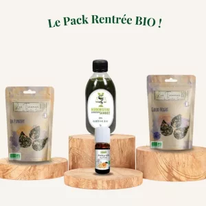 Pack Rentrée BIO, contenant deux tisanes, des gouttes d'aubépine et une huile essentielle de petit grain bigaradier - Herboristerie du Docteur Sammut