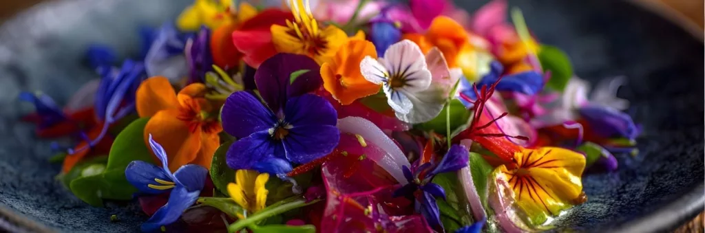 Fleurs comestibles colorées utilisées en cuisine pour décorer et aromatiser les plats