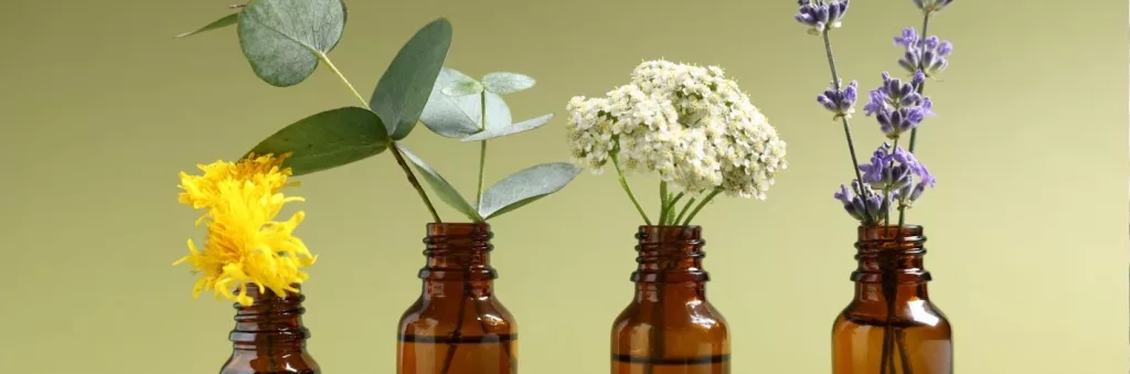 Flacons d’huiles essentielles utilisés en aromathérapie avec précautions d’usage